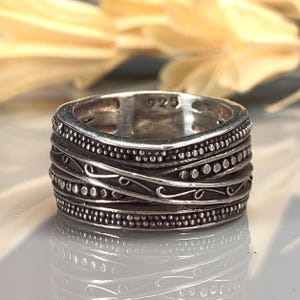 Ornate Sterling Silver Crossover Ring- Wide Band Ring, Size 6, 7, 8- Signed Milo