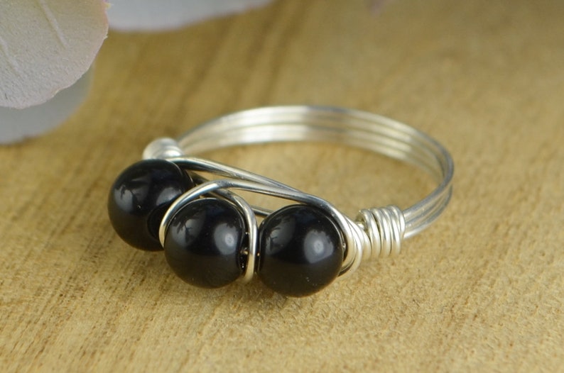 or Rose Gold Filled Wire Wrap Ring with Three Gemstones Black Jasper Ring Sterling Silver Size 4 5 6 7 8 9 10 11 12 13 14 Yellow