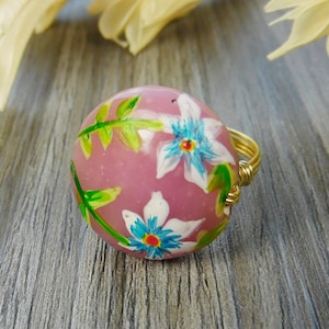 Large Painted Floral Pink Lampwork Glass, Sterling Silver, Yellow or Rose Gold Filled Wire Wrap Ring-Size 4 5 6 7 8 9 10 11 12 13 14