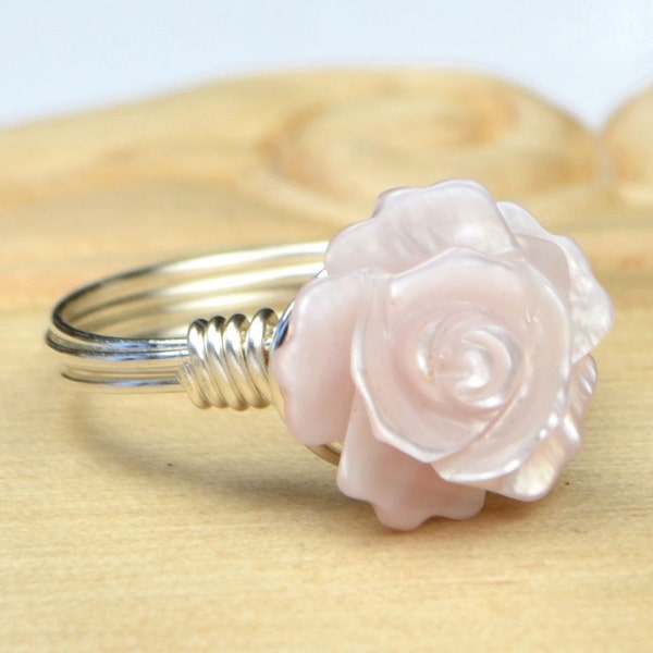 Pink Rose Ring - Sterling Silver Filled Wire Wrapped Ring with Pink Mother of Pearl Rose - Any Size 4, 5, 6, 7, 8, 9, 10, 11, 12, 13, 14