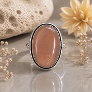 Oval Peach Moonstone Sterling Silver Statement Ring- Adjustable Size - Vintage/Pre-owned