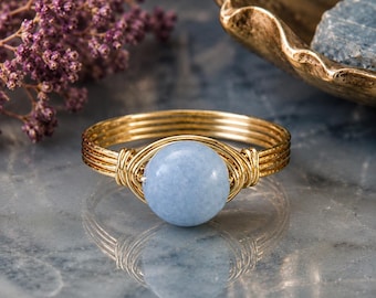 Angelite Ring: Sterling Silver or Gold Filled Wire Wrapped Coin Shaped Gemstone - Custom Size