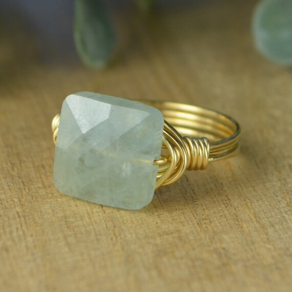 Aquamarine Faceted Square Gemstone Wrapped Ring- Sterling Silver, Yellow or Rose Gold Filled Wire-Any Size 4 5 6 7 8 9 10 11 12 13 14