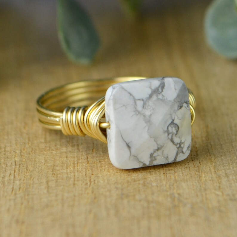 Yellow or Rose Gold Filled Wire-Any Size 4 5 6 7 8 9 10 11 12 13 14 White Grey Howlite Faceted Square Gemstone Wrapped Ring-Sterling Silver