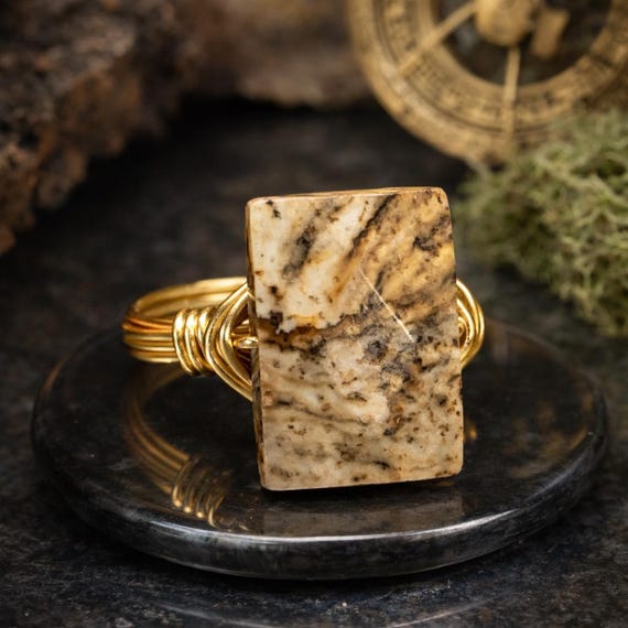 Picture Jasper Ring: Sterling Silver or Gold Filled Wire Wrapped Rectangular Stone - Custom Size