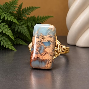Aqua Terra Jasper Ring: Sterling Silver or Gold Filled Wire Wrapped Rectangular Gemstone- Custom Size
