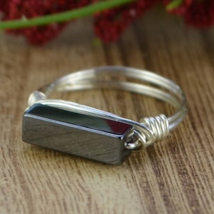Rectangle Hematite Gemstone Ring - Sterling Silver or 14k Gold Filled Wire Wrap - Custom Size Stacking Jewelry