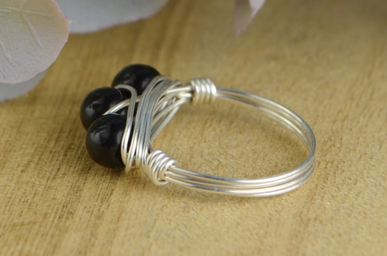 or Rose Gold Filled Wire Wrap Ring with Three Gemstones Black Jasper Ring Sterling Silver Size 4 5 6 7 8 9 10 11 12 13 14 Yellow