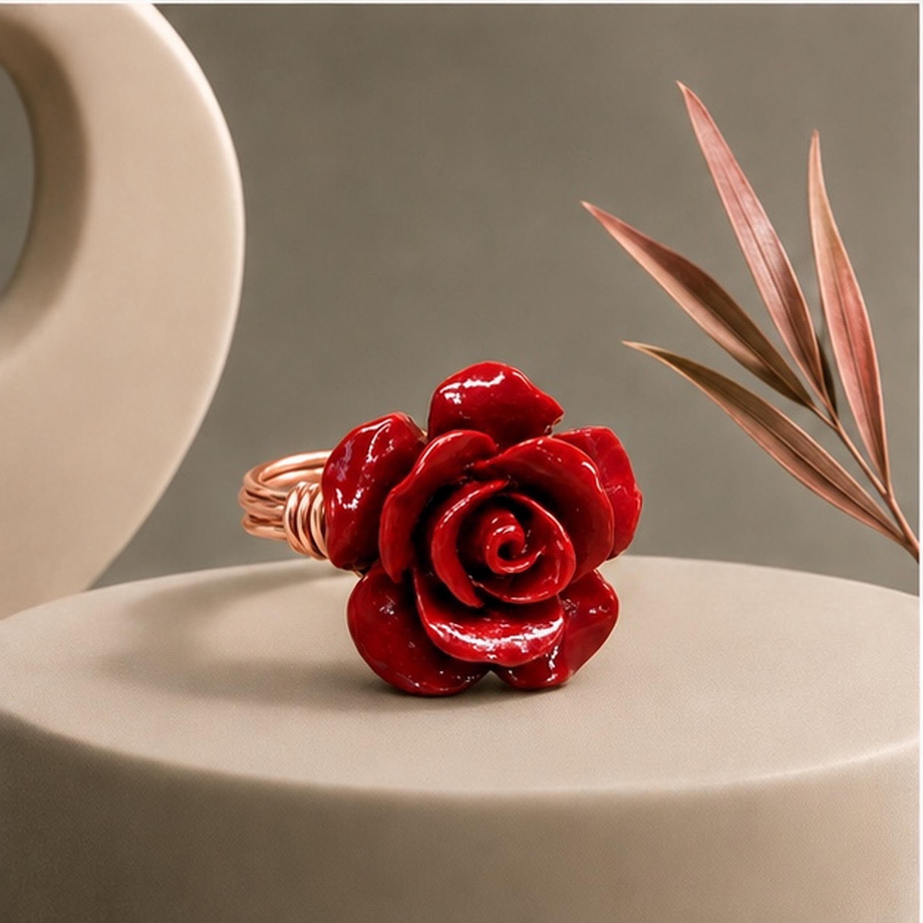 Red Rose Flower Ring: Sterling Silver or Gold Filled Wire Wrapped