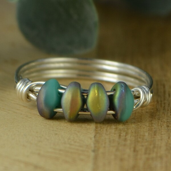 Turquoise Glass Stack Ring- Sterling Silver, Yellow or Rose Gold Filled Wire Wrapped/Stacking Band- Size 4 5 6 7 8 9 10 11 12 13 14