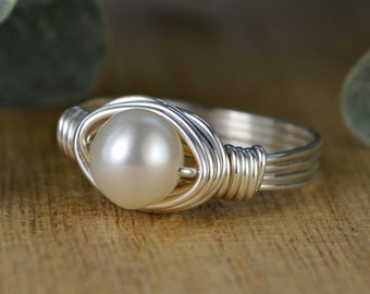 Freshwater Pearl Wrapped Ring -Sterling Silver, Yellow or Rose Gold Filled Wire/ White Pearl-Any Size 4 5 6 7 8 9 10 11 12 13 14 1/4 1/2 3/4