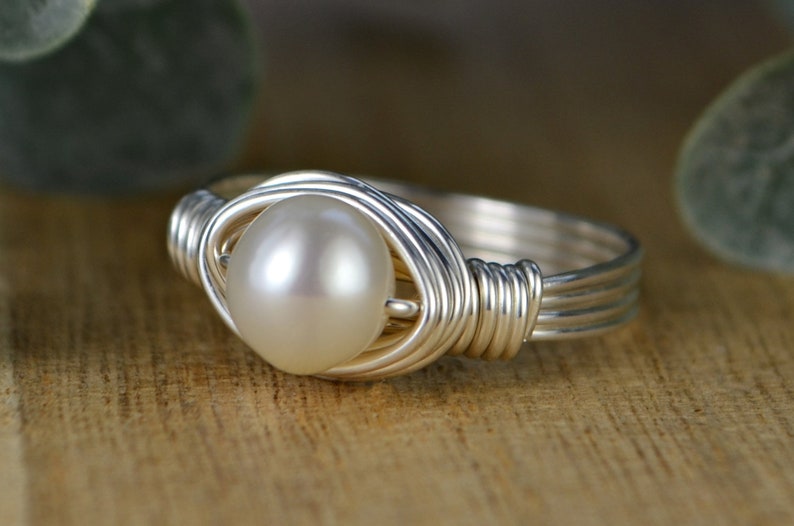 Freshwater Pearl Wrapped Ring Sterling Silver, Yellow or Rose Gold Filled Wire/ White Pearl-Any Size 4 5 6 7 8 9 10 11 12 13 14 1/4 1/2 3/4 image 1