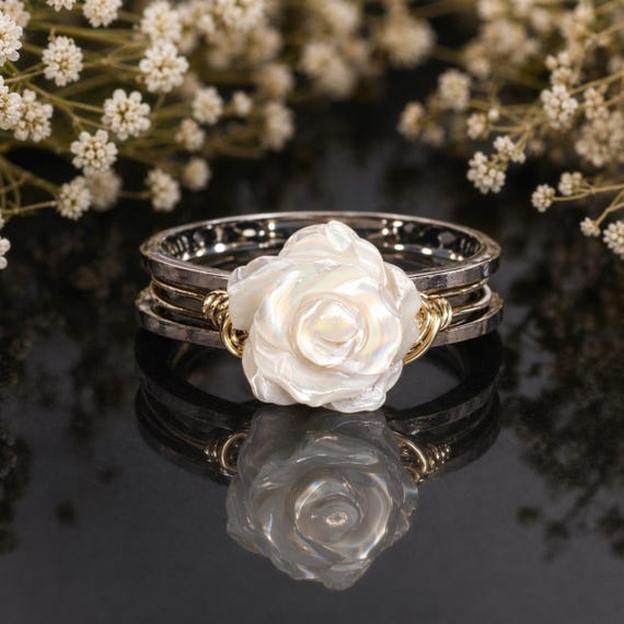 Mother of Pearl Rose Flower Fidget Spinner Ring: Stainless Steel Anxiety/Worry Ring- Custom Size