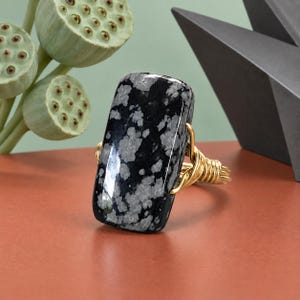 Snowflake Obsidian Ring: Sterling Silver or Gold Filled Wire Wrapped Rectangular Gemstone - Custom Size