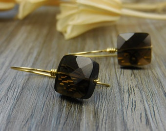 Square Faceted Smoky Quartz Gemstone Earrings - Sterling Silver, Yellow or Rose Gold Filled Wire Wrapped Dangle Earring