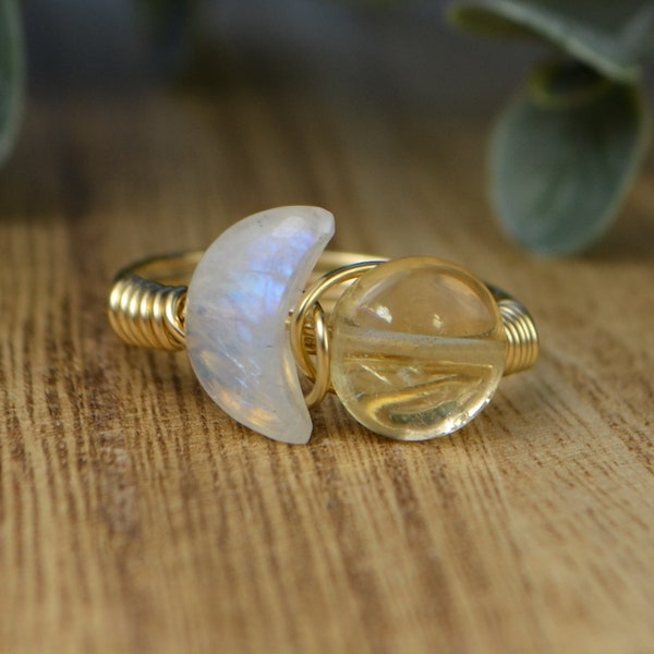 Sun and Moon Rainbow Moonstone and Citrine Ring-Sterling Silver, 14k Yellow or Rose Gold Filled Wire Wrapped Size 4 5 6 7 8 9 10 11 12 13 14