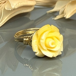 Yellow Rose Ring -Sterling Silver, 14k Yellow or Rose Gold Filled Wire Wrapped/Carved Flower - Custom Size (full, .25, .5, .75)
