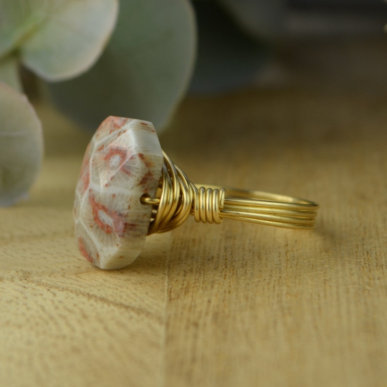 Yellow or Rose Gold Filled Wire Wrapped Gemstone Ring Size 4 5 6 7 8 9 10 11 12 13 14 Pink Fossil Coral Ring- Sterling Silver