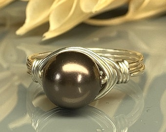 Chocolate Swarovski Pearl Wrapped Ring - Sterling Silver, 14k Yellow or Rose Gold Filled Wire - Handmade to Custom Size (full, .25, .5, .75)