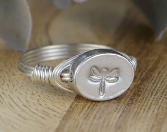 Dragonfly Wire Wrapped Ring-Sterling Silver, 14k Yellow or Rose Gold Filled Wire Wrapped Ring Pewter Bead- Custom Size (full, .25, .5, .75)