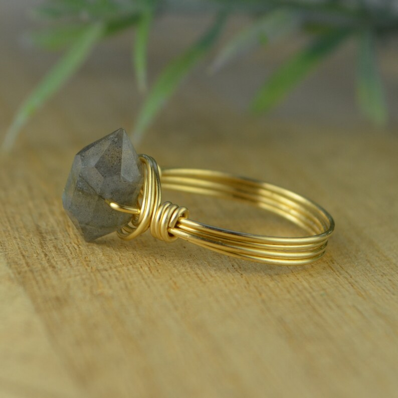 Size 4 5 6 7 8 9 10 11 12 13 14 Double Terminated Labradorite Gemstone Ring-Sterling Silver Yellow Rose Gold Filled Wire Wrapped
