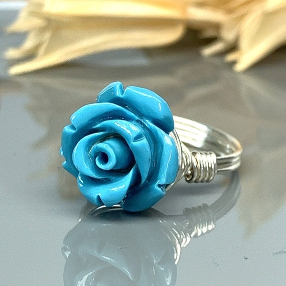 Blue Rose Ring sterling Silver 14k Yellow or Rose Gold Filled