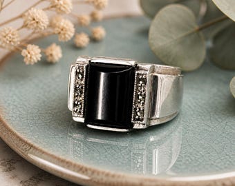 Sterling Silver Black Onyx and Marcasite Ring- Rectangular Statement - Size 5.75 - Vintage/Pre-owned