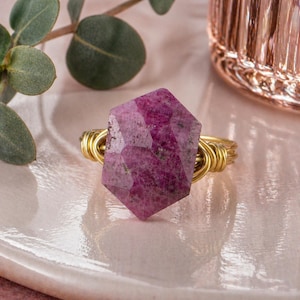 Hexagon Faceted Pink Ruby Gemstone Ring-Sterling Silver, Yellow/ Rose Gold Filled Wire Wrapped- Size 4 5 6 7 8 9 10 11 12 13 14