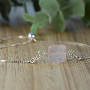 Square Faceted Rose Quartz Gemstone Bead Adjustable Sterling Silver Interchangeable Charm/Link Bolo Bracelet- Charm, Bracelet Chain, or Both