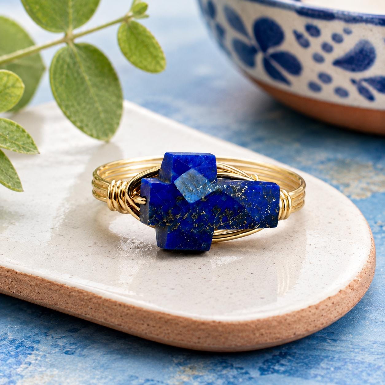 Lapis Lazuli Cross Ring: Sterling Silver or Gold Filled Wire Wrapped Gemstone - Custom Size