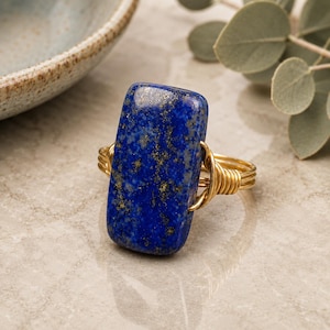 Lapis Lazuli Ring: Sterling Silver or Gold Filled Wire Wrapped Blue Rectangular Gemstone - Custom Size