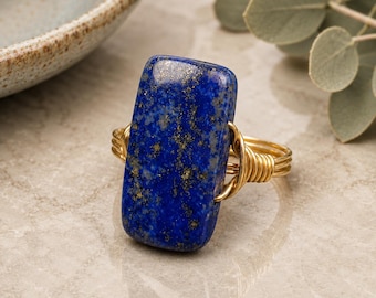 Lapis Lazuli Ring: Sterling Silver or Gold Filled Wire Wrapped Blue Rectangular Gemstone - Custom Size