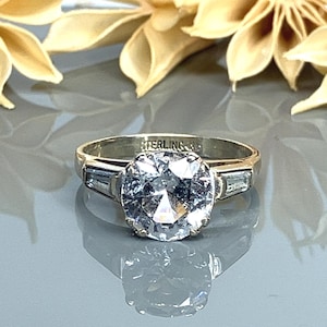 Round Natural White Topaz with Tapered Baguette Clear Quartz Sterling Silver Engagement Ring - Promise Ring - Size 7