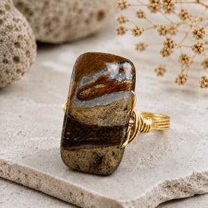 Opalized Peanut Wood Ring: Sterling Silver or Gold Filled Wire Wrapped Rectangular Gemstone - Custom Size