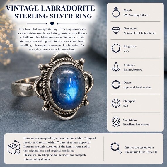 Oval Labradorite Sterling Silver Ring- Pre-Owned- Size 7.75 - Vintage/Pre-owned View 3