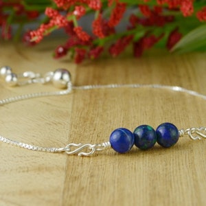 Three Round Azurite Gemstone Beads Adjustable Sterling Silver Interchangeable Charm/Link Bolo Bracelet- Charm, Bracelet Chain, or Both
