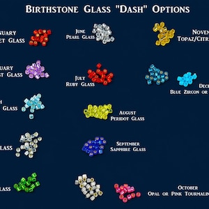 May include: A chart titled Birthstone Glass Dash Options displaying twelve clusters of small colored glass beads labeled by month: January Garnet, February Amethyst, March Aquamarine, April Diamond, May Emerald, June Pearl, July Ruby, August Peridot, September Sapphire, October Opal or Pink Tourmaline, November Topaz or Citrine, and December Blue Zircon or Turquoise.
