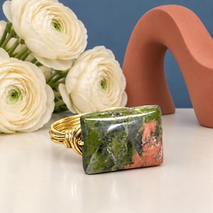 Unakite Ring:  Sterling Silver or Gold Filled Wire Wrapped Rectangular Gemstone - Custom Size