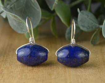 Oval Lapis Lazuli Earrings - Sterling Silver, Yellow or Rose Gold Filled Wire Wrapped Dangle Earring