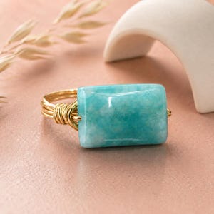Green & White Jade Ring: Sterling Silver or Gold Filled Wire Wrapped Rectangular Gemstone - Custom Size