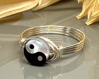 Yin Yang Wrapped Ring-Sterling Silver, Yellow or Rose Gold Filled Wire with Mother of Pearl Bead-Size 4 5 6 7 8 9 10 11 12 13 14 1/4 1/2 3/4