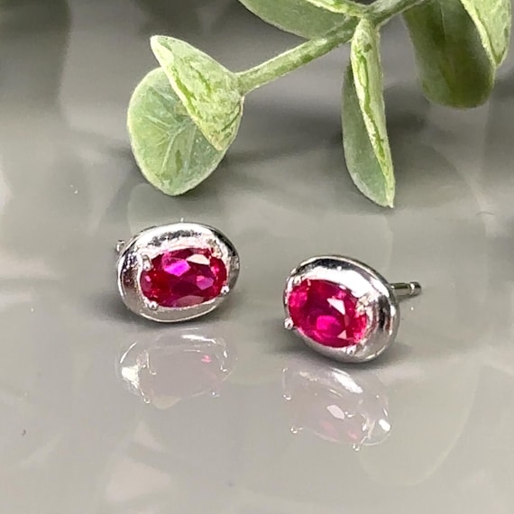 Oval Ruby Stud Earrings: Hot Pink Gemstone, Sterl… - image 1