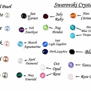 May include: A color chart titled Swarovski Crystal Choices and June Crystal Pearl displaying various beads. The chart includes labeled rows and columns for colors like white, blue, pink, almond, gray, and black, alongside birthstone-named crystals.