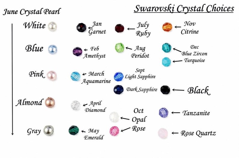 May include: A color chart titled Swarovski Crystal Choices and June Crystal Pearl displaying various beads. The chart includes labeled rows and columns for colors like white, blue, pink, almond, gray, and black, alongside birthstone-named crystals.