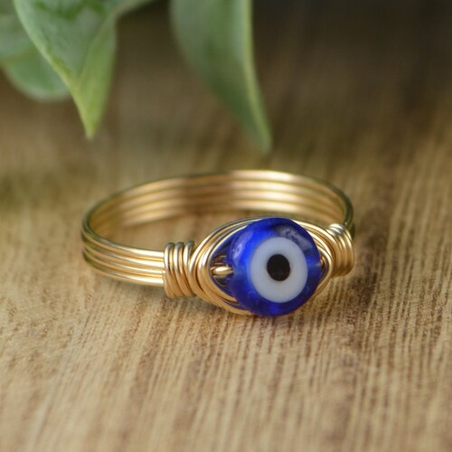 Blue Evil Eye Ring- Sterling Silver, 14k Yellow or Rose Gold Filled Wire Wrapped Ring, Blue Glass Bead- Any Size 4 5 6 7 8 9 10 11 12 13 14