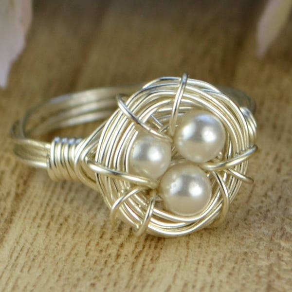 White Swarovski Crystal Birds Nest Wrapped Ring-Sterling Silver, 14k Yellow or Rose Gold Filled Wire- Custom Size (full, .25, .5, .75)