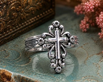 Bague croix en argent sterling - bijoux de foi chrétienne - taille 5 - vintage/occasion