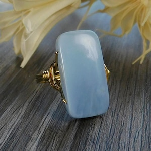 Blue Opal Rectangle Statement Ring-Sterling Silver, 14k Yellow or Rose Gold Filled Wire Wrapped Ring- Custom Size (full, .25, .5, .75)