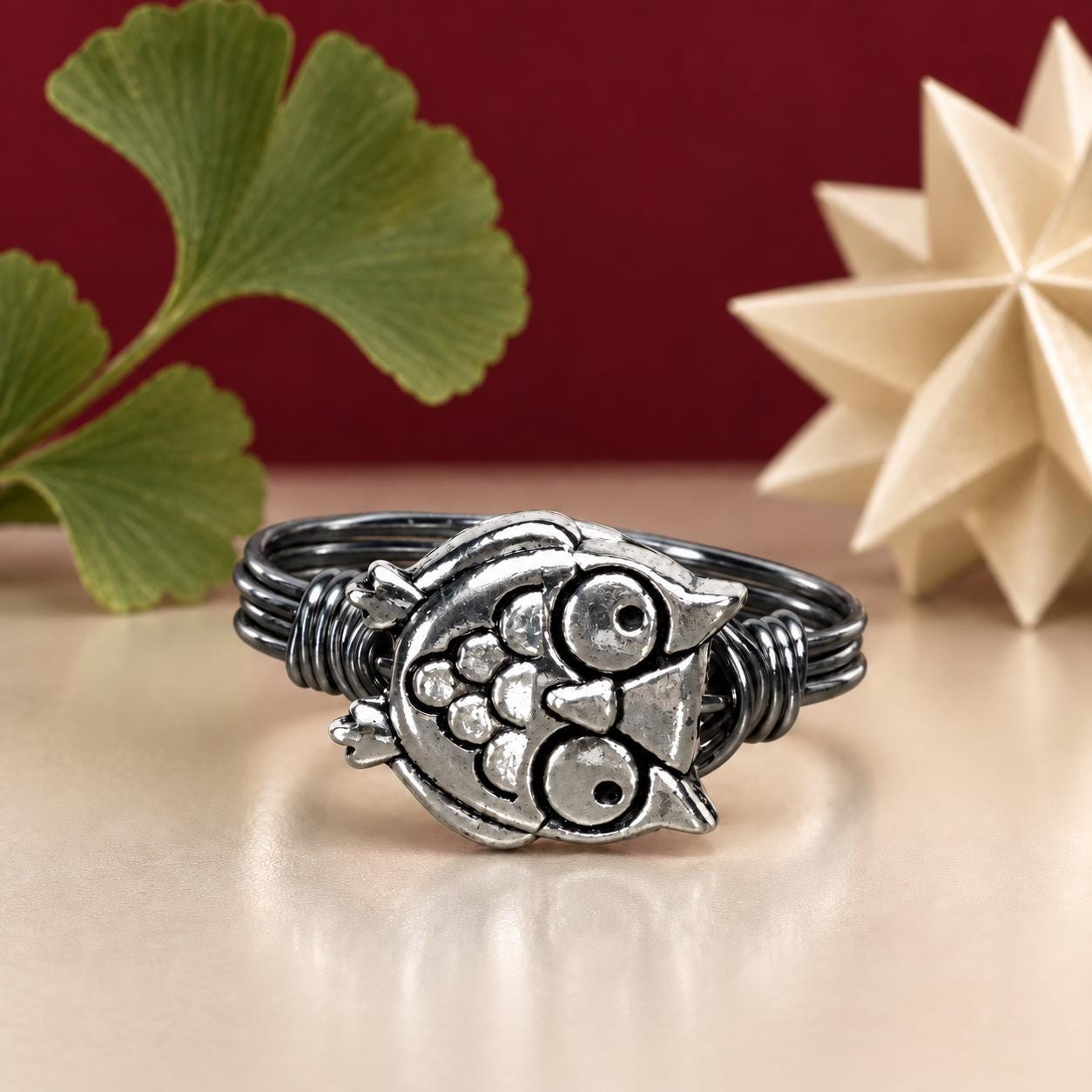 Owl Ring: Sterling Silver Silver or Gold Filled Wire Wrapped Pewter Bead - Custom Size