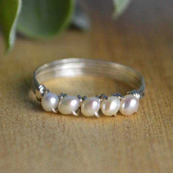 Tiny Stacking Pearl Ring-  Sterling Silver, Yellow or Rose Gold Filled Wire Wrapped White Freshwater Pearls -Size 4 5 6 7 8 9 10 11 12 13 14